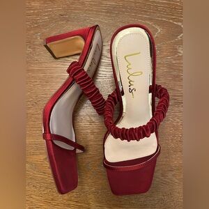 Lulus Sheenuh Wine Red Satin Square Toe High Heel Sandals - Size 8